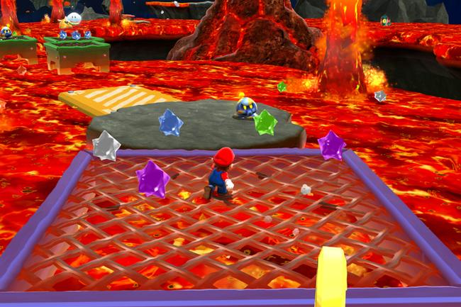 Kuvakaappaus Super Mariosta, joka yrittää ylittää laavakuopan.