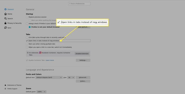 Опција „Отварај везе у картицама уместо у новим прозорима“ у Фирефоку