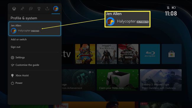 Painel do Xbox Series XS com o nome do perfil do Xbox destacado