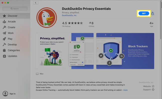 Navigieren Sie im Mac App Store zur DuckDuckGo Safari-Erweiterung und wählen Sie Holen.