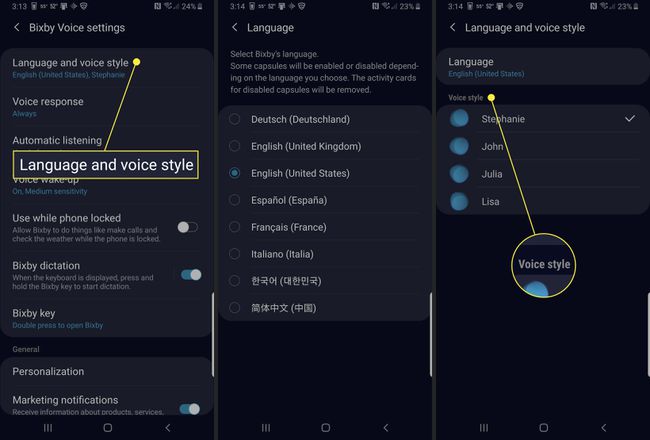 Postavljanje glasa i jezika za Bixby.