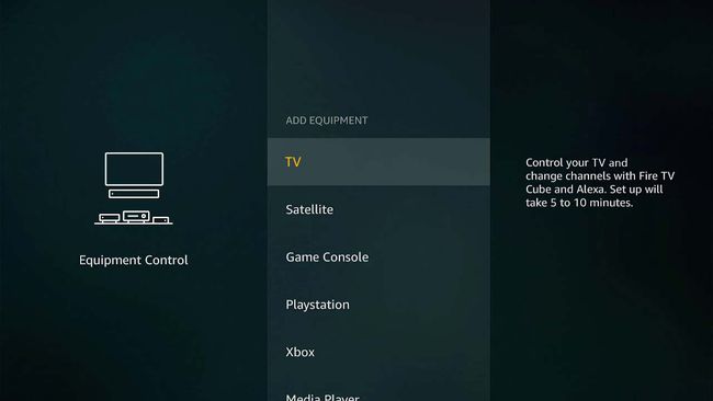TV, kas atlasīts izvēlnē Fire TV Cube Pievienot aprīkojumu.