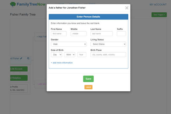 Dodaj ojca do monitu drzewa genealogicznego na FamilyTreeNow