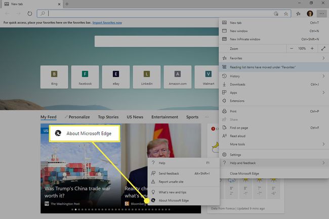 Una captura de pantalla de Microsoft Edge con el elemento " Acerca de Microsoft Edge" resaltado