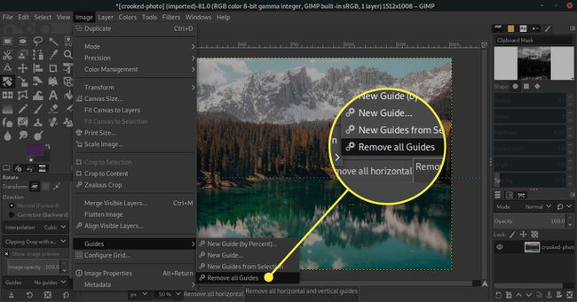 " Tüm Kılavuzları Kaldır" komutunun vurgulandığı bir GIMP ekran görüntüsü