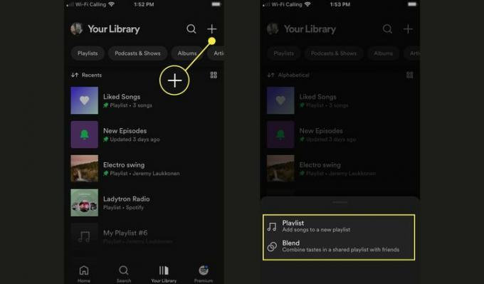 Le bouton + en surbrillance, puis le type de liste de lecture que vous souhaitez ajouter en surbrillance dans l'application Spotify.