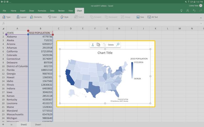 Excel forAndroidスプレッドシートのデータから作成されたマップを示すスクリーンショット