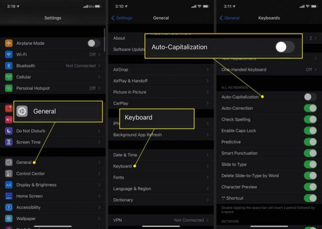 iPhone-ზე ავტომატური კაპიტალიზაციის გამორთვის ნაბიჯები ზოგადი, კლავიატურა და ავტომატური კაპიტალიზაციის გამორთვით