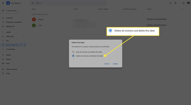 Caixa de diálogo de exclusão de marcadores dos Contatos do Google com Excluir todos os contatos destacado