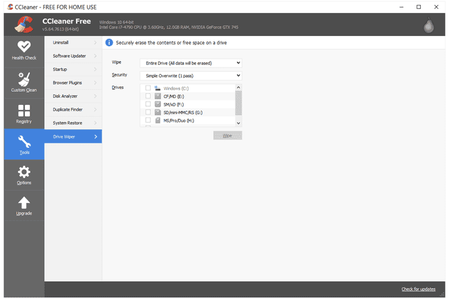 Nabídka stěračů disku CCleaner