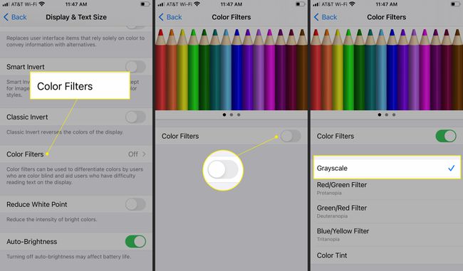 Opções de acessibilidade do filtro de cores mostrando tons de cinza