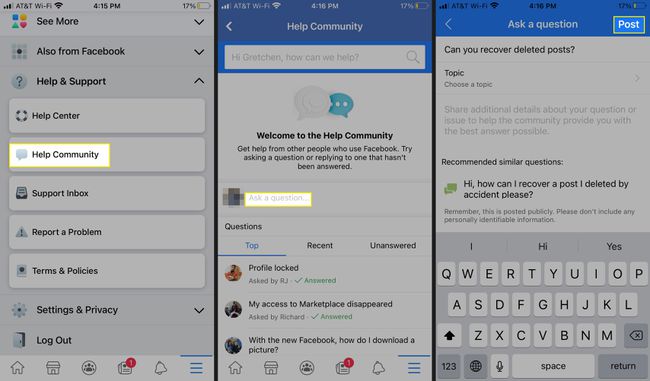 Kontakta Facebooks hjälpgemenskap i mobilappen