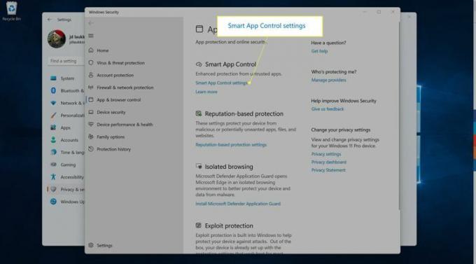 Smart App Control-innstillinger uthevet i Windows 11 App- og nettleserkontroll.