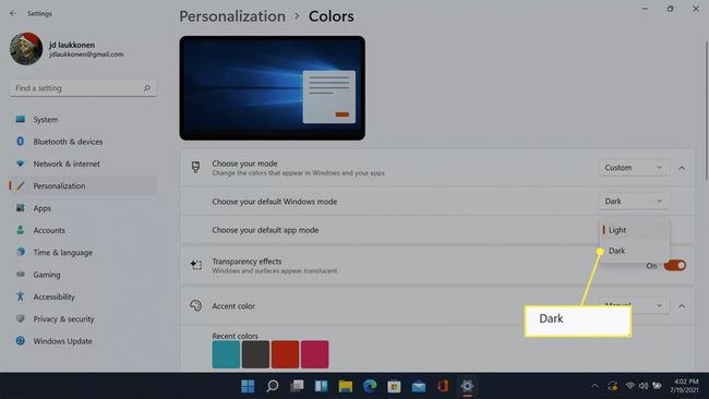 Tamno označeno u sustavu Windows 11 odaberite postavke boje vašeg načina rada.