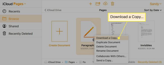 File di Pages in iCloud con " Scarica una copia" evidenziato