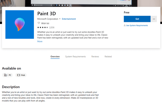 Paint 3D indirme sayfası ekran görüntüsü