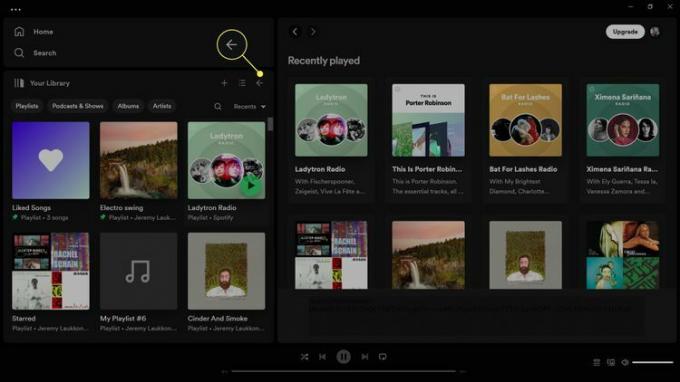La flèche de retour en surbrillance dans Votre bibliothèque dans Spotify.