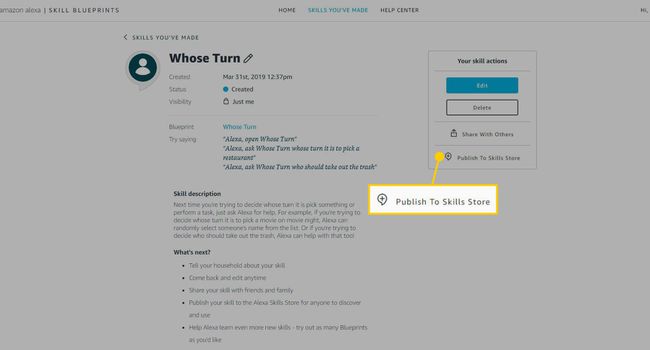 Снимок экрана, показывающий расположение ссылки «Опубликовать в Skills Store» для Alexa Skills.