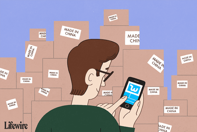 Illustration einer Person, die die Wish-App auf ihrem Smartphone vor einer Tonne gestapelter Kartons mit der Aufschrift " Made in China" verwendet