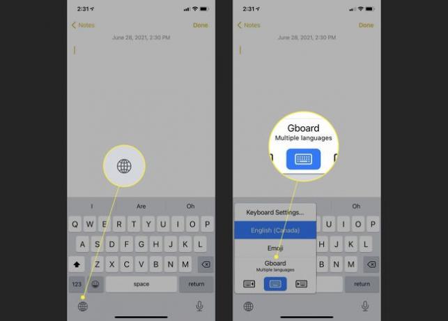 Application iOS Notes avec l'icône globe et Gboard mis en surbrillance
