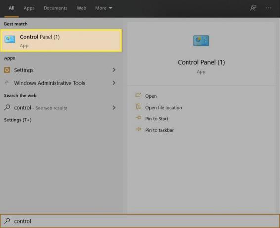 Windows 10 aramasında kontrol paneli yazarak.