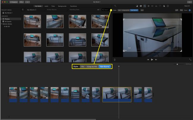 Wenn Ken Burns im Abschnitt „Stil“ ausgewählt ist, sehen Sie zwei überlagerte Kästchen in der Vorschau. Sie können auch im Abschnitt „Stil“ die Option „Zuschneiden“ oder „An Anpassung zuschneiden“ auswählen.