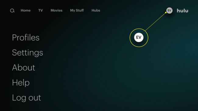 La página de la cuenta en la aplicación Hulu con el ícono de perfil resaltado