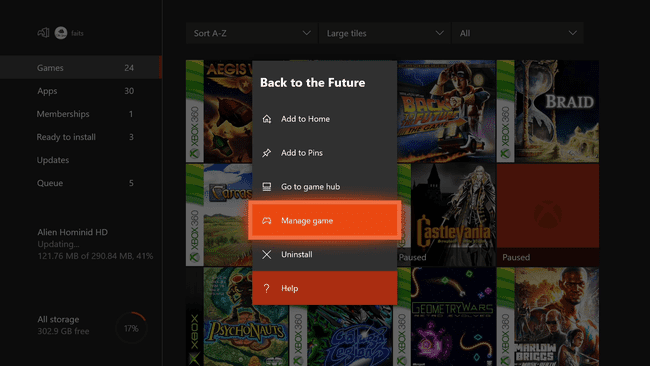 Meniul de opțiuni de joc Xbox One.