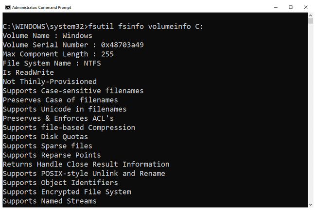 Windows 10 Komut İsteminde fsutil fsinfo volumeinfo komutu