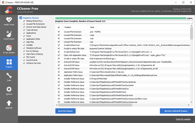 ccleaner registro problemų sąrašas