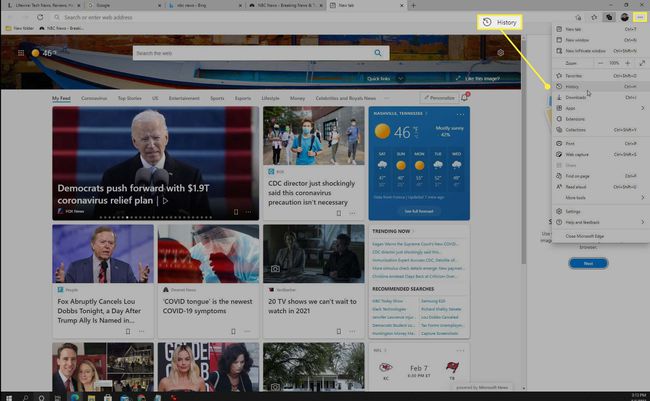 El elemento de menú Historial en el menú principal de Microsoft Edge.