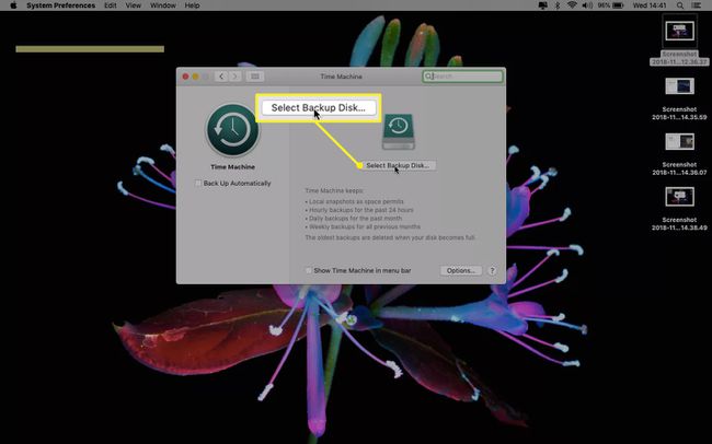 Time Machine på en Mac viser Select Backup Disk 