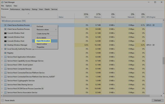 Správce úloh systému Windows se zvýrazněním Otevřít umístění souboru.