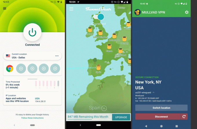 Aplicații ExpressVPN, TunnelBear și Mullvad VPN pe Android