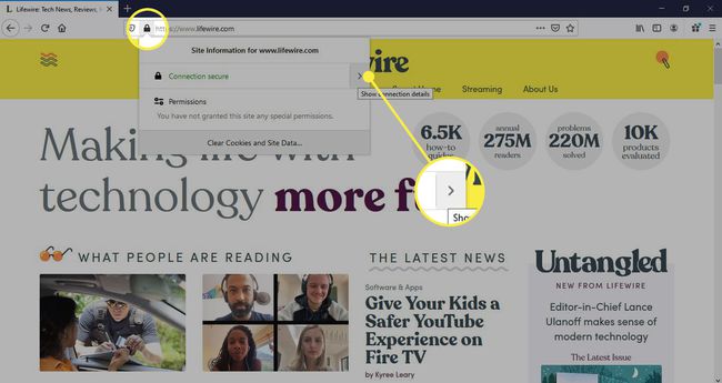 Ikona bezpieczeństwa i przycisk szczegółów połączenia w Firefoksie