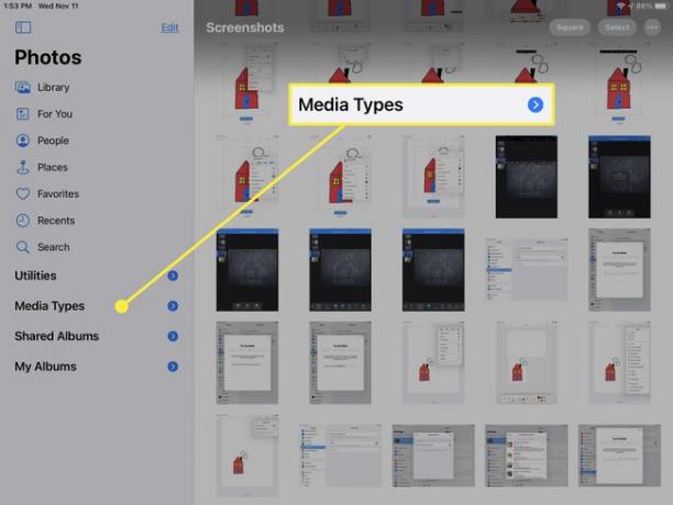 أنواع الوسائط في الشريط الجانبي في الصور على iPad.