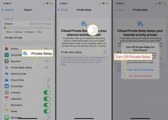 iCloud iOS設定でプライベートリレー、スイッチを切り替え、プライベートリレーをオフにする