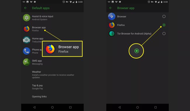 Aplicația browser, butonul radio Firefox în setările Android