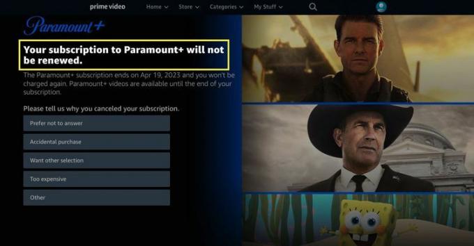 確認メッセージでは、Prime Video での Paramount+ のサブスクリプションがキャンセルされたことが強調表示されました。