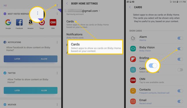 A menü, a kártyák és az alkalmazás váltása a Bixby Home beállításaiban
