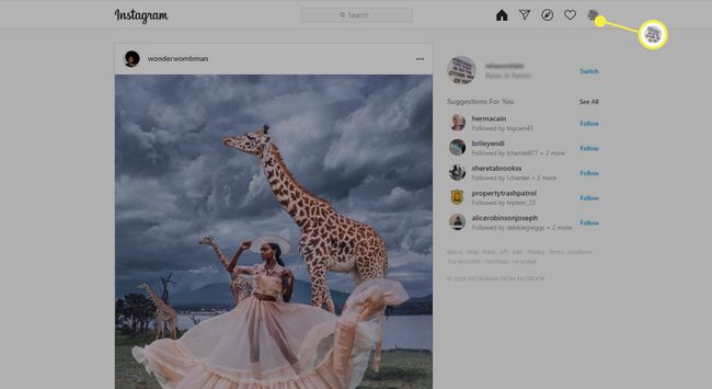 Instagram - ikona profila v zgornjem desnem kotu na spletnem mestu