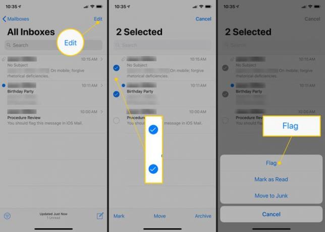 Botão Editar, caixas de seleção para e-mails únicos, botão Sinalizar no aplicativo iOS Mail