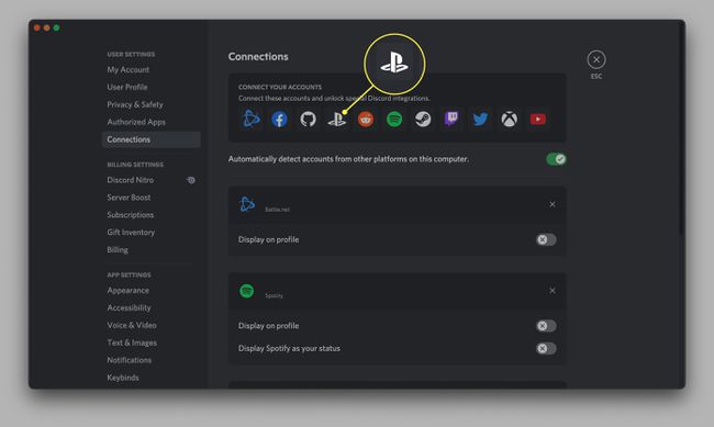A Discord Connections oldala PlayStation ikonnal kiemelve.