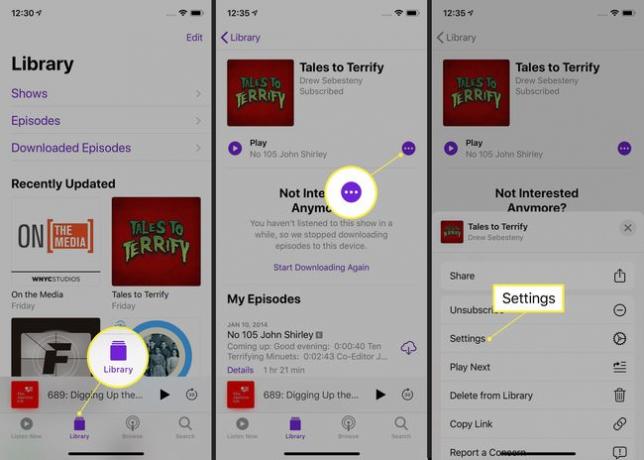 Caminho para as configurações de podcast em um iPhone