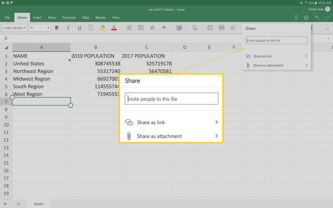 Excel forAndroidワークブックを他のユーザーと共有する方法を示すスクリーンショット