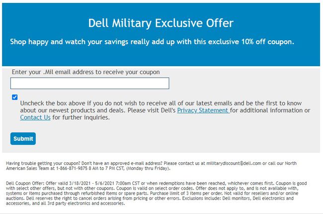 .mil 이메일 주소를 요청하는 Dell 웹사이트의 Dell 군용 제안 페이지.