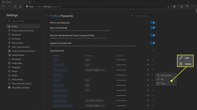 Editar o eliminar botones para una contraseña en Microsoft Edge.