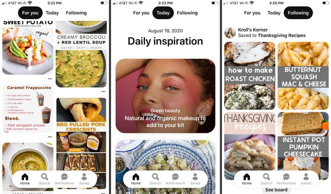 iOS için Pinterest'te Sizin İçin, Bugün ve Takip Edilenler sekmeleri