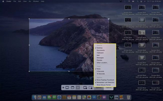 Application de capture d'écran Mac sur MacBook Air avec le menu Options ouvert