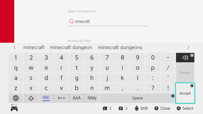 Търсене на Minecraft в Nintendo eShop.